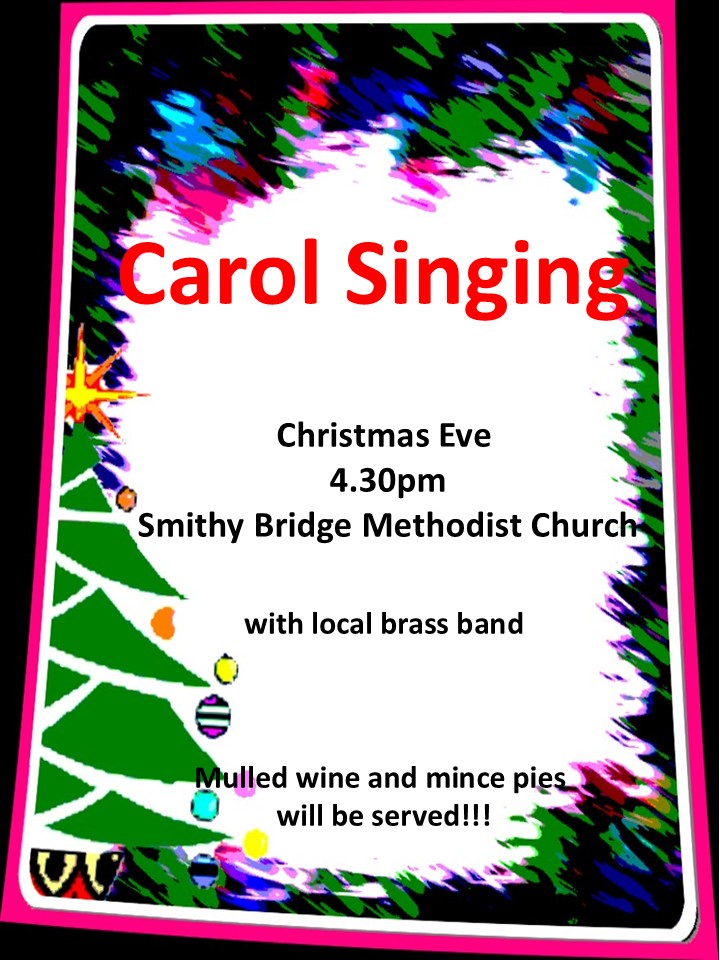 posters advertising the Christmas story family event 2pm on Christmas Eve, and Carol singing in church at 4.30pm